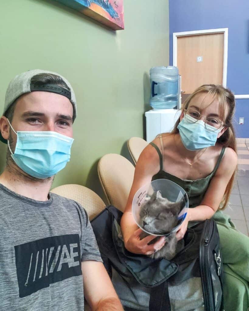 Brittany, Paul, and Yoda at Upstate Vet in Greenville, South Carolina for radiation therapy treatment 