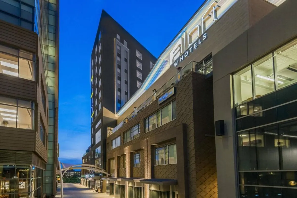 Evening photo of Aloft pet friendly hotel in downtown Greenville South Carolina