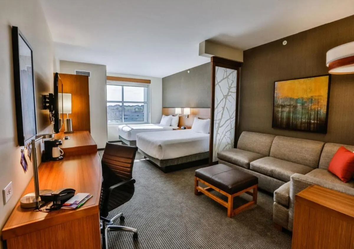 View of double bed hotel room pet friendly hotel Hyatt Place in Greenville SC