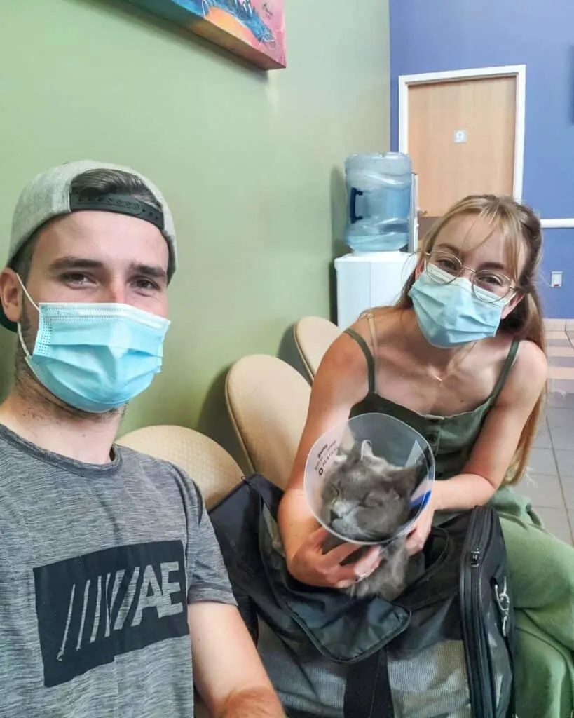 Brittany, Paul, and Yoda at Upstate Vet in Greenville, South Carolina for radiation therapy treatment